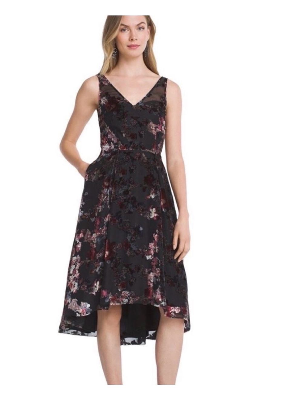 White House Black Market Velvet Floral Burnout High-Low Dress Pockets Size 2